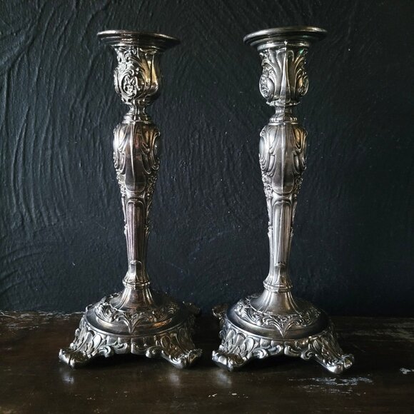 Antique Silverplate Candle Holders Victorian Rose Pattern Ornate Baroque Floral - Picture 3 of 11
